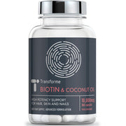 Biotin 10000 mcg with Coconut Oil 365 capsules, vitamin B7 high strength support for hair and skin by Transforme