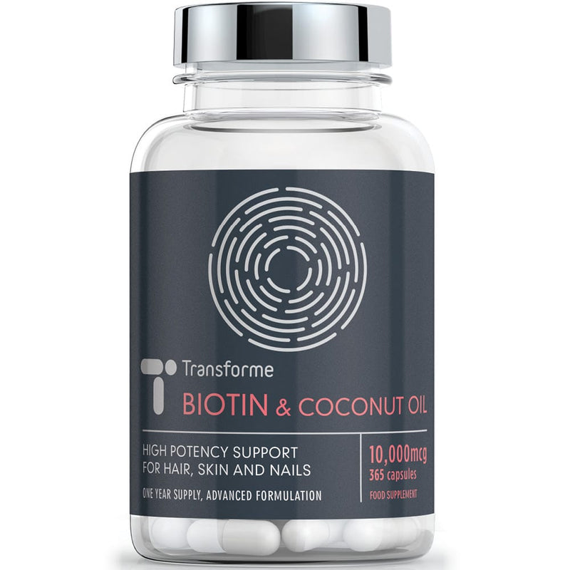 Biotin 10000 mcg with Coconut Oil 365 capsules, vitamin B7 high strength support for hair and skin by Transforme