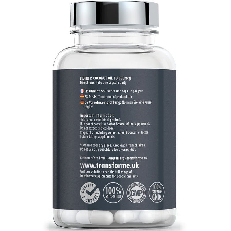 Transforme Biotin and Coconut Oil 10000mcg, 365 capsules bottle, back showing directions for use