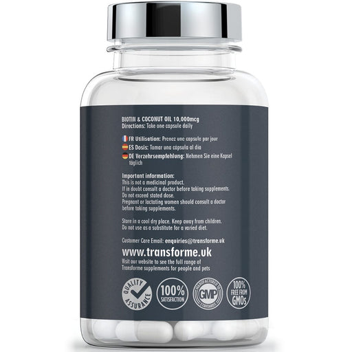 Transforme Biotin and Coconut Oil 10000mcg, 365 capsules bottle, back showing directions for use