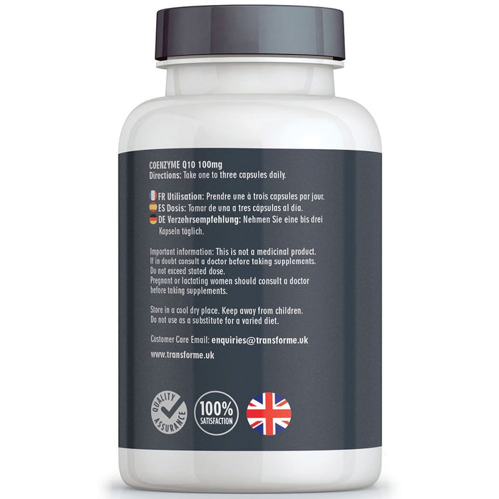 Co Enzyme Q10 100mg capsules by Transforme, 180 CoQ10 softgels bottle, back showing directions for use