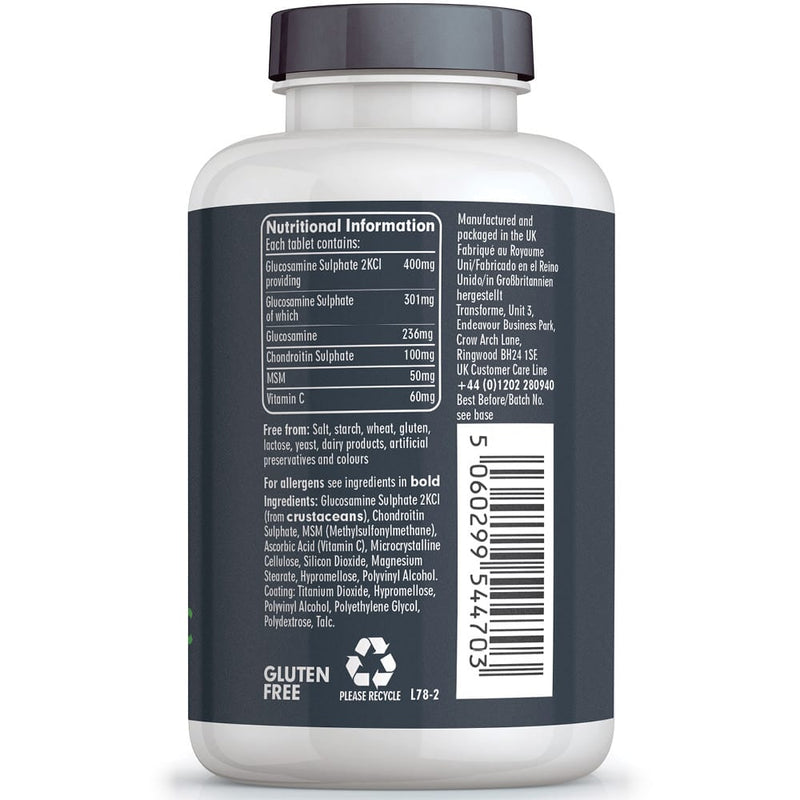 Glucosamine Sulphate 400mg, Chondroitin 100mg, MSM 50mg & Vitamin C 60mg high strength supplement, 365 tablets, Transforme bottle back with nutritional information