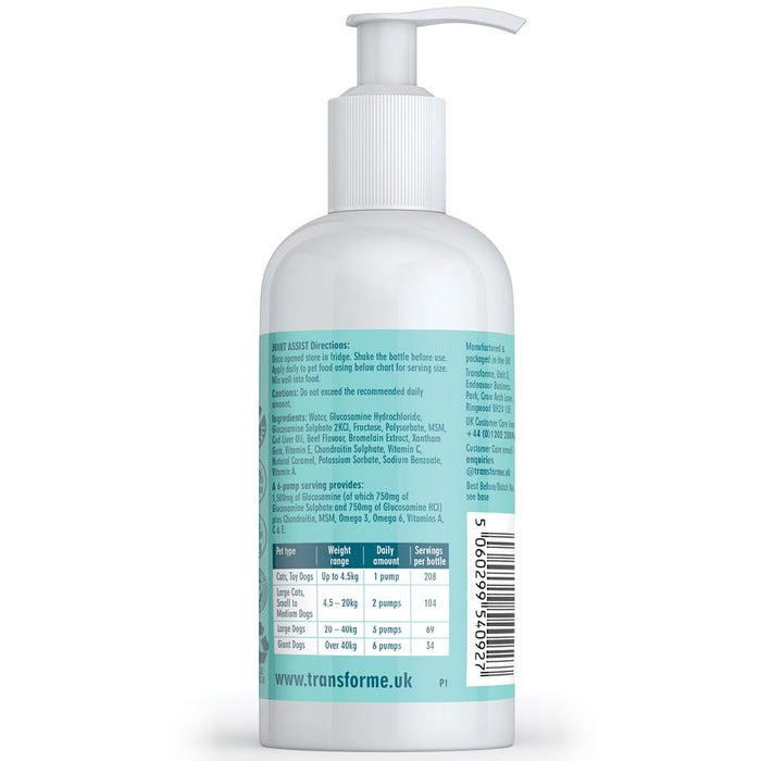 Joint Assist liquid Glucosamine Chondroitin joint supplement for cats & dogs, by Transforme, bottle back with directions for use and ingredients