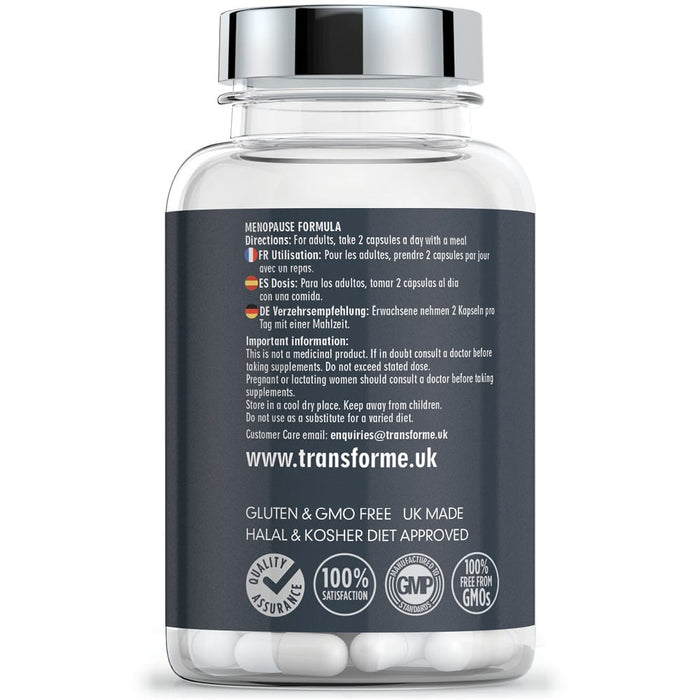 Menopause Supplement, Soy Isoflavones, Sage Leaf, Ginseng, Royal Jelly, Vitamins B6 D3 & E - Transforme MenoControl 60 capsules bottle back with directions for use