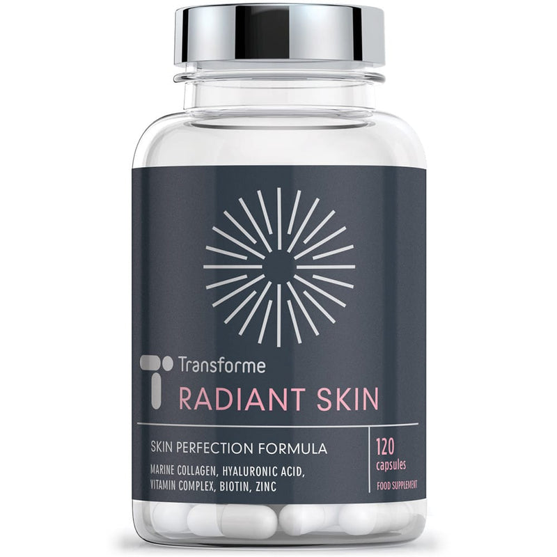 Radiant Skin complex, 120 capsules with Marine Collagen, Hyaluronic Acid, Biotin, Zinc, Vitamins B6, B12 & C and Copper, dairy free, for skin hair and nails, from Transforme