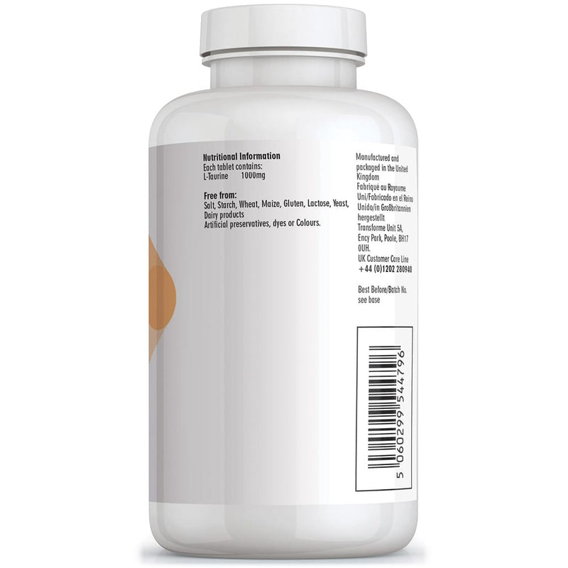 Transforme Taurine tablets, 1000mg high strength amino acid supplement, 360 tablet bottle back with nutritional information