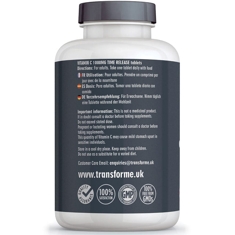 Transforme Vitamin C 1000mg vegetarian and vegan tablets with Bioflavonoids & Rose Hips, timed release for best absorption, 180 bottle back with directions for use