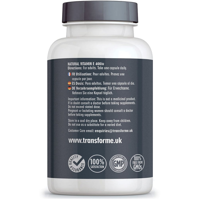 Vitamin E 400iu capsules, natural Vitamin E oil in rapid absorption softgels, Transforme 180 capsule bottle back with directions for use