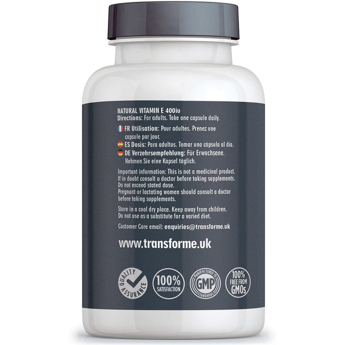Vitamin E 400iu capsules, natural Vitamin E oil in rapid absorption softgels, Transforme 180 capsule bottle back with directions for use