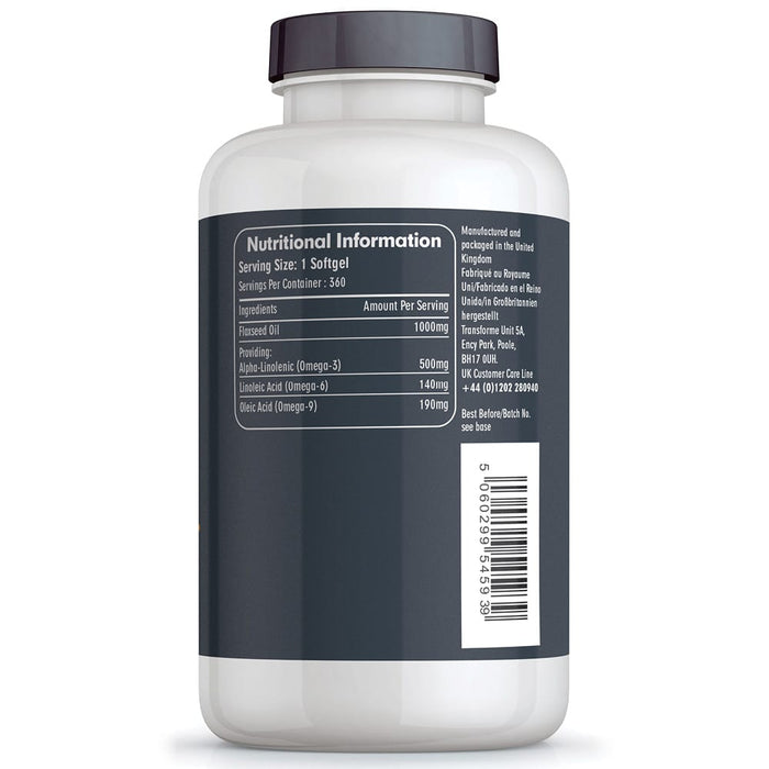 Transforme Flaxseed Oil 1000mg, 90, 180 and 360 vegetarian & vegan softgel capsules, cold pressed strength and purity, Omega 3 6 & 9 fatty acids, ALA LA & Oleic Acid, bottle back with nutritional information